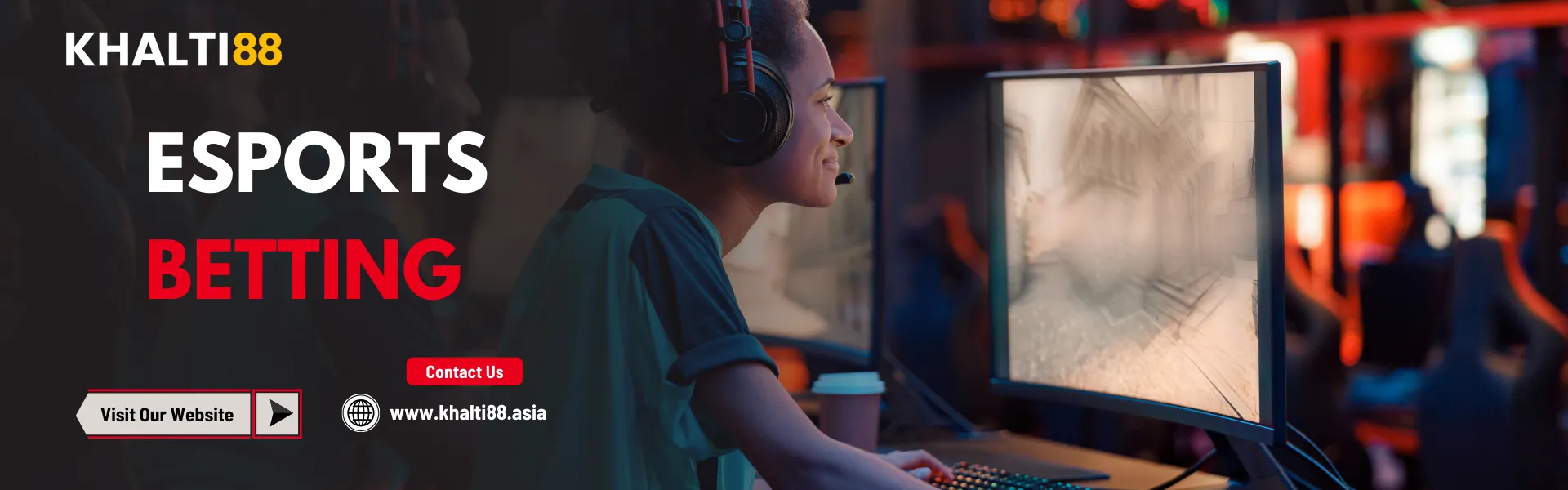 Khalti88 Esports Betting banner showing a gamer wearing a headset while playing on a computer in a gaming arena, representing competitive esports wagering options for Nepal players.
