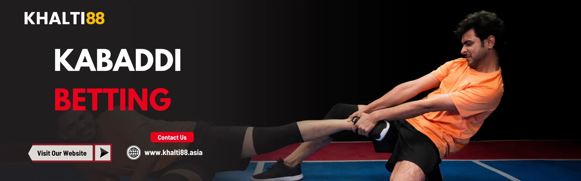A promotional sports betting banner for Khalti88 Nepal featuring an intense Kabaddi match on a blue and red court. A defender in an orange jersey and black shorts firmly tackles an opponent's ankle.