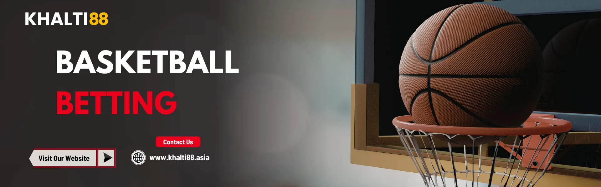 Promotional banner for Khalti88 Nepal basketball betting featuring a basketball resting on a hoop, bold “Basketball Betting” text, Khalti88 logo, website address, and a modern sports betting theme highlighting online basketball wagering.