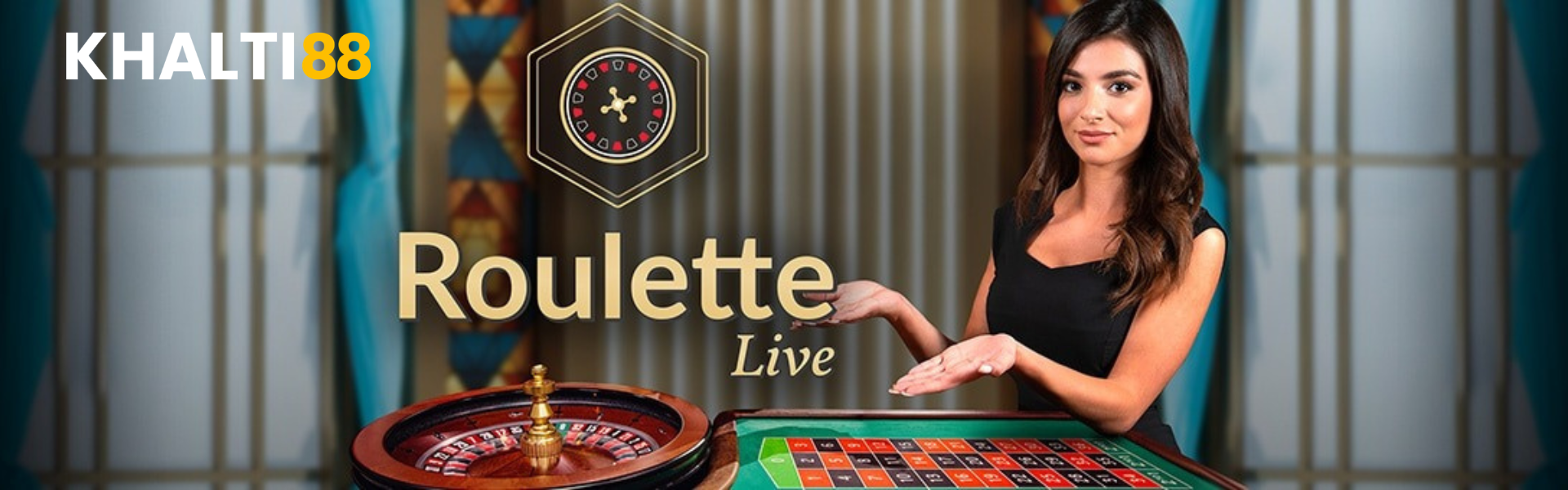 A promotional banner featuring a female live dealer in a black dress gesturing toward a classic wooden roulette wheel and green betting grid. The center displays 'Roulette Live' in gold text with a stylized roulette wheel icon above it, and the Khalti88 logo is visible in the top left corner.