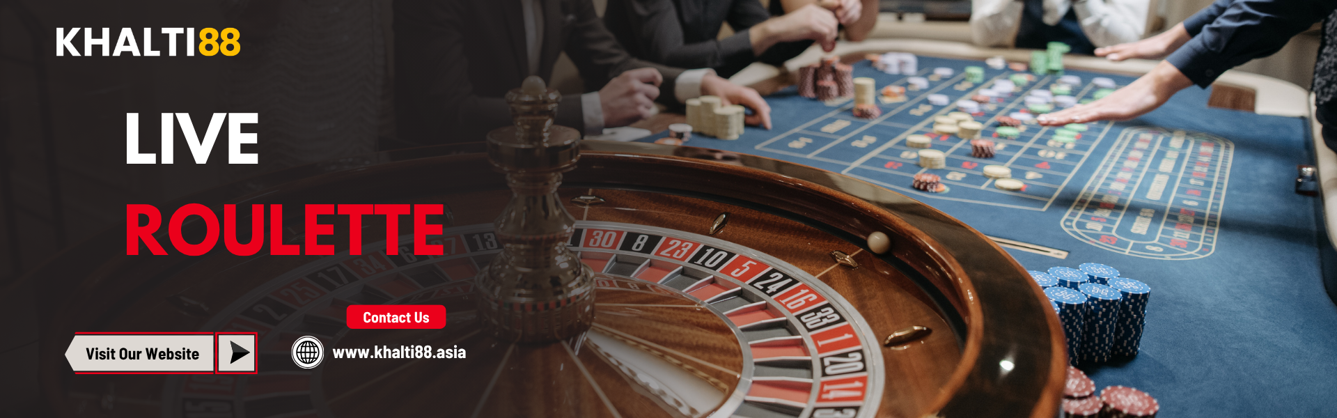 A close-up view of a spinning wooden casino roulette wheel with numbers visible, positioned next to a blue felt betting table where players are placing chips. The left side features bold text reading 'LIVE ROULETTE' in white and red, along with the Khalti88