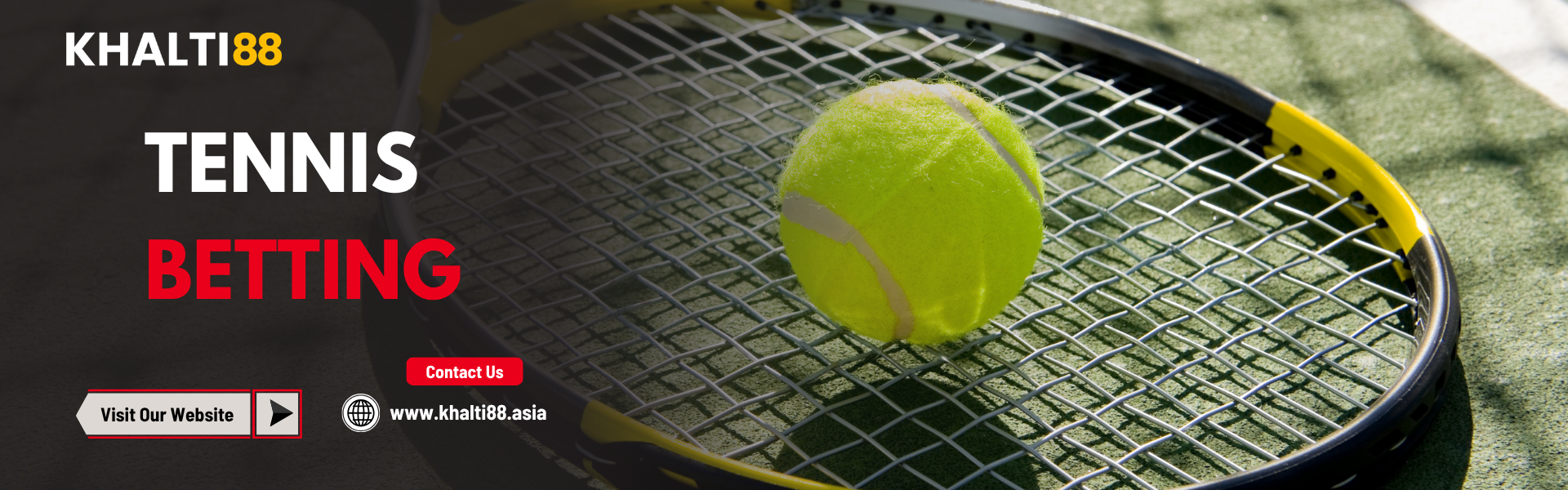 A sports betting promotional banner for Khalti88 Nepal featuring a close-up of a bright green tennis ball resting on the strings of a black and yellow tennis racket. The text reads "TENNIS BETTING